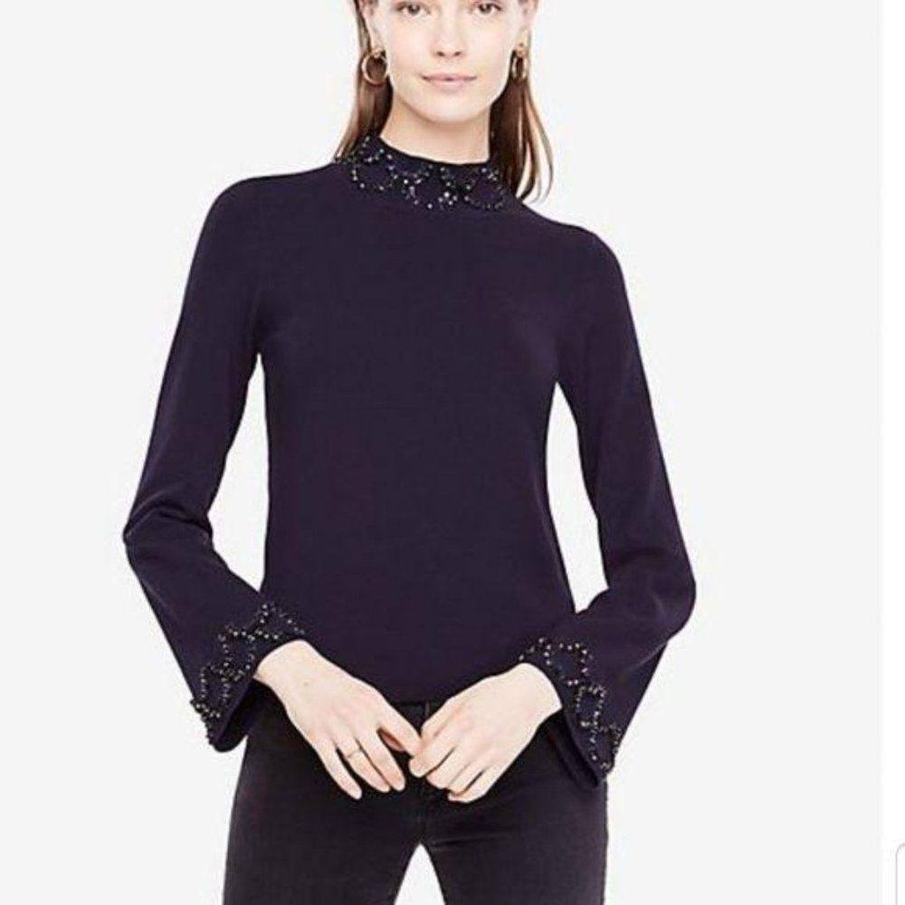 Ann Taylor Embellished Mock Neck Bell Sleeve Knit Sweater Women's Size Small